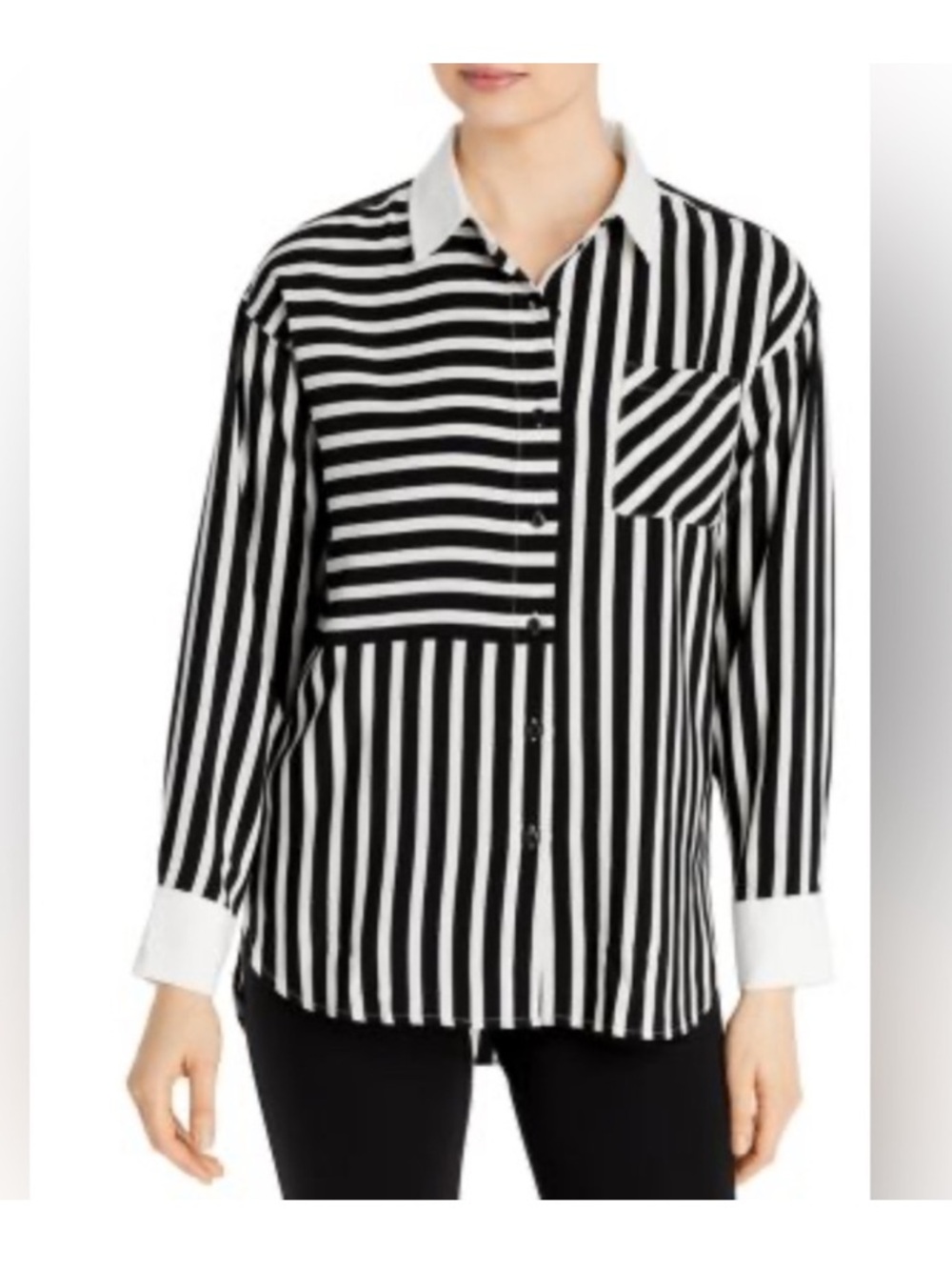 Karl Lagerfeld Black & White Vertical Stripe Button-Down Shirt- Size S